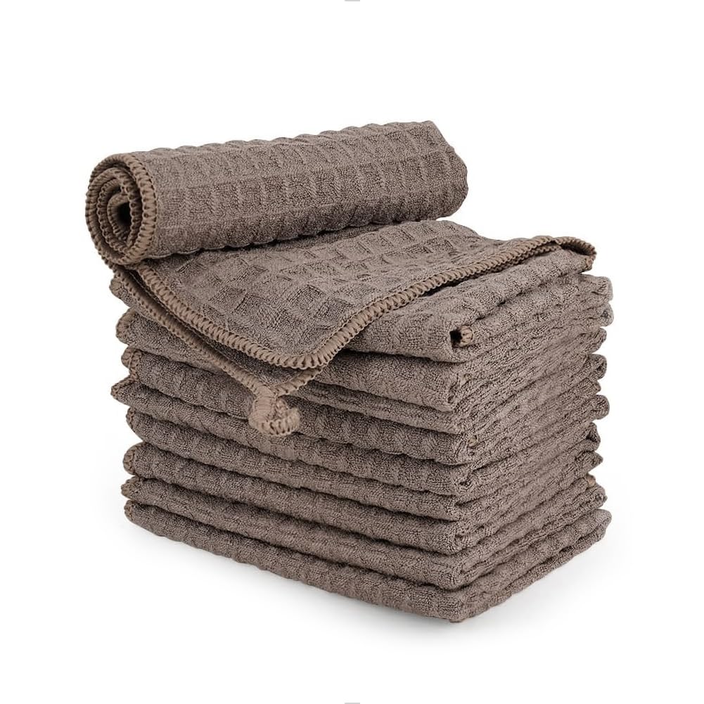 Watchget Brown Barista Micro Cloth 10 Pack, Microfiber Espresso Cleaning Towels Waffle Weave Kitchen Dish Cloths Cafe Bar Towel Coffee Machine Cleaning Rag, (12"X12")