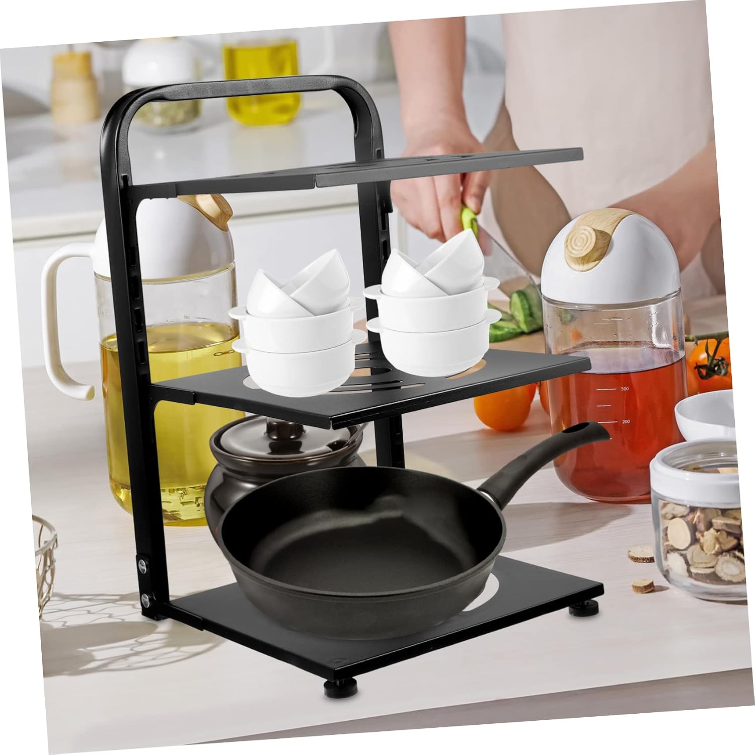 VALICLUD Multifunctional Adjustable Pot Organizer Rack Space-saving Kitchen Storage for Cabinet Countertop Easy Installation for Pots and Pans