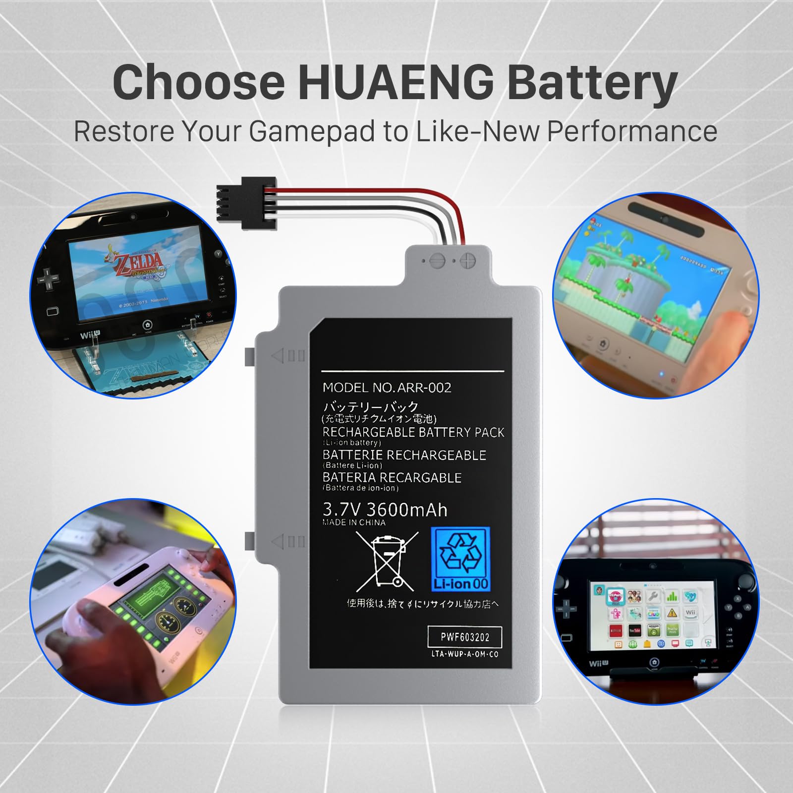 WUP-002 Batterie de rechange pour Nintendo Wii U, Wii U, WUP-012, WUP-010, WUP-002, AC1748 AC1612, 3600 mAh