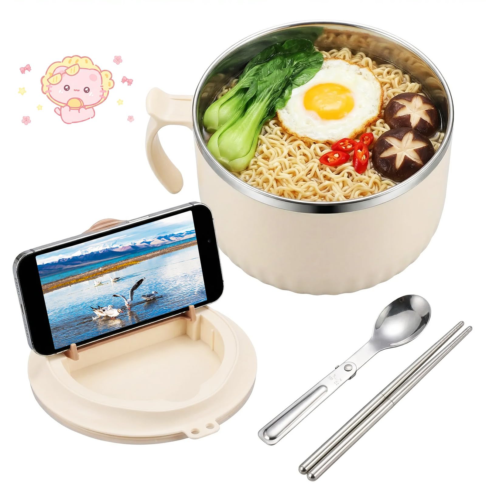 1.6L Rapid Ramen Bowl with Filterable Lid, Stainless Steel Noodle Bowls with Spoon Chopsticks & Cartoon Stickers ,Portable Ramen Cooker with Handle Dishwasher Safe for Office College Dorm(beige)