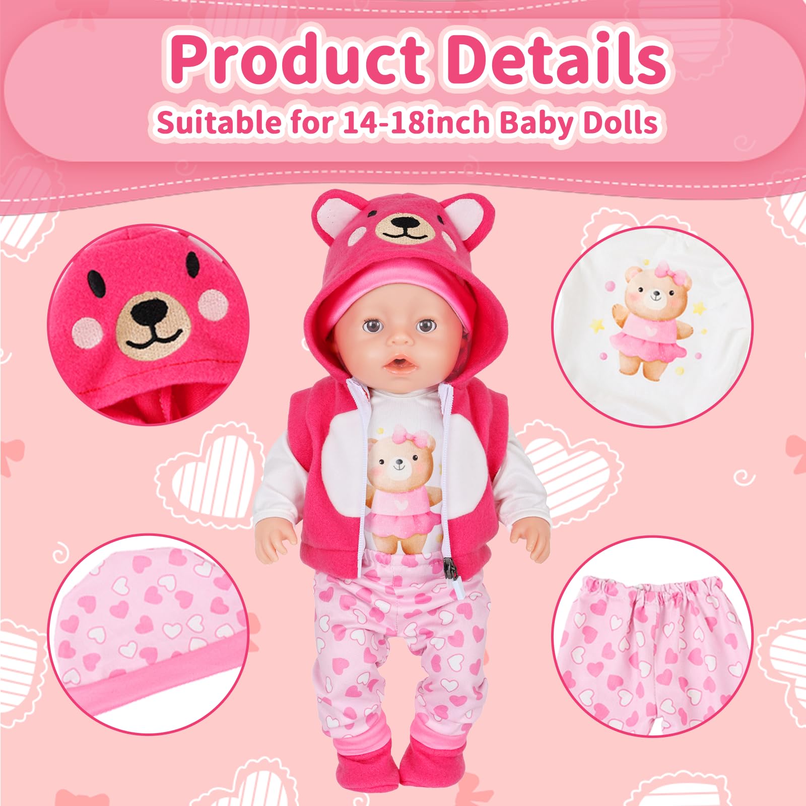 5 Pcs Baby Doll Clothes Set for 14-18 Inch Dolls, Cute Bear Onesie Outfit for 35-43cm Dolls - Image 3