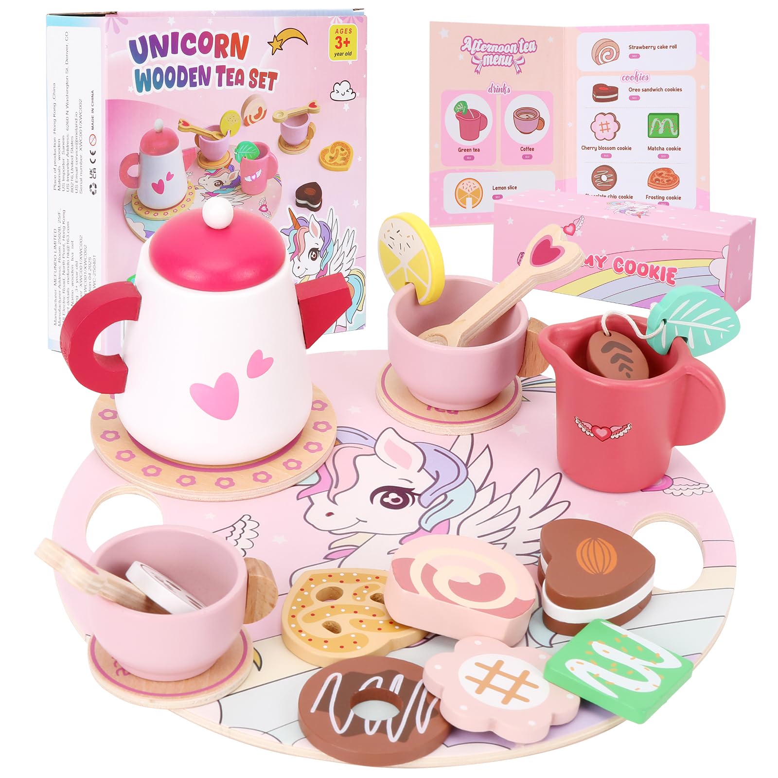WIKITOT Wooden Tea Set for Toddlers, 21 Pieces Unicorn Tea Party Set for 3+ Year Old Girls, Wooden Pretend Play Toys for Kids Toddlers Birthday Gifts