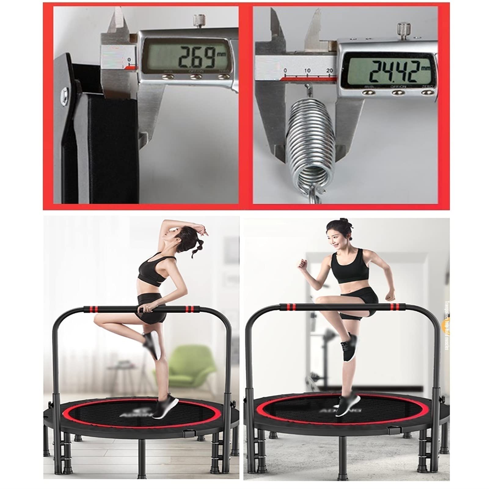 Trampoline Faltbares Minitrampolin, 48" Tragbares Fitness-Rebounder-Trampolin Mit Griffstange, Für Indoor-Garten-Workout Cardio-Training，Belasten Sie 200kg