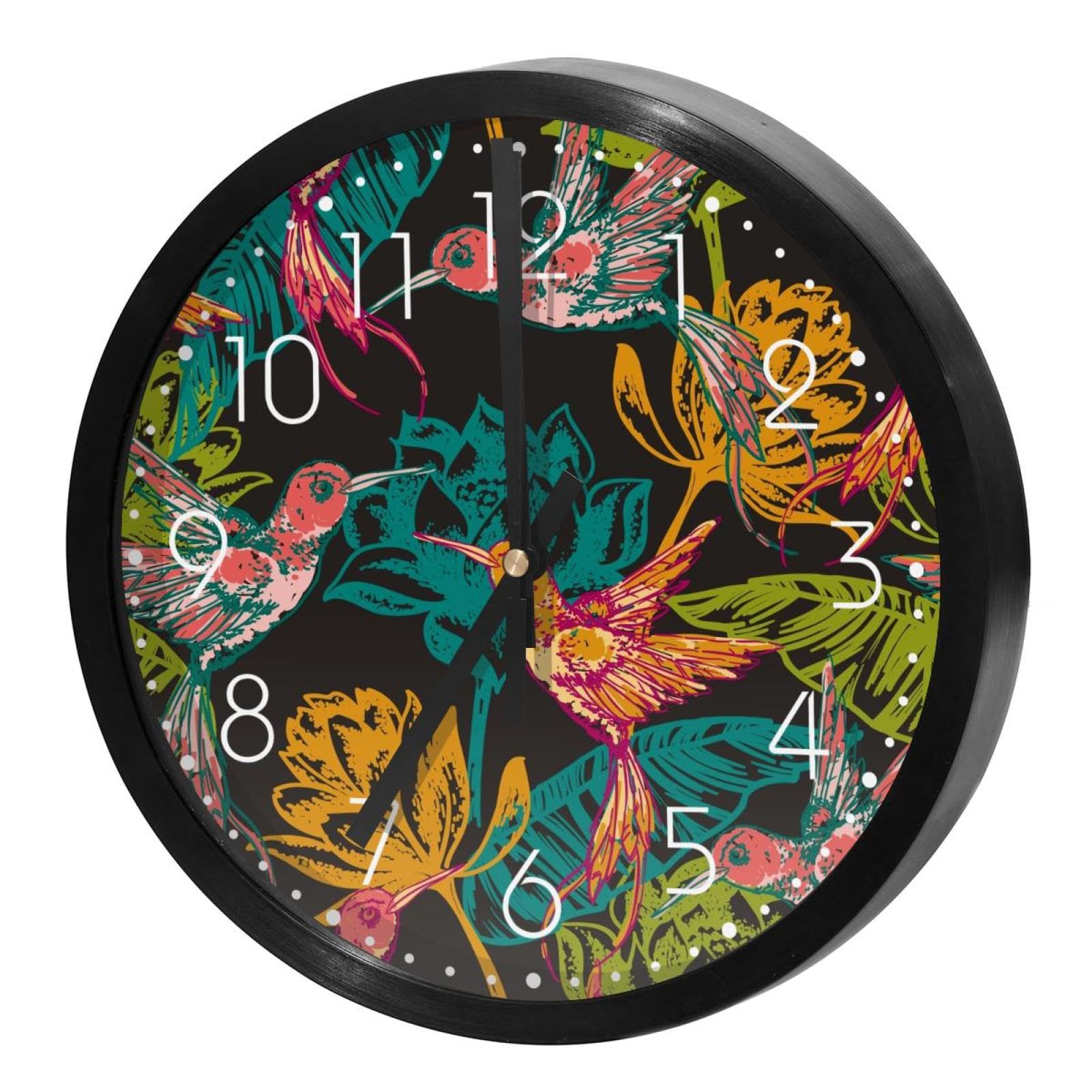 Horloge murale ronde pour cuisine et bureau avec motif colibri tropical