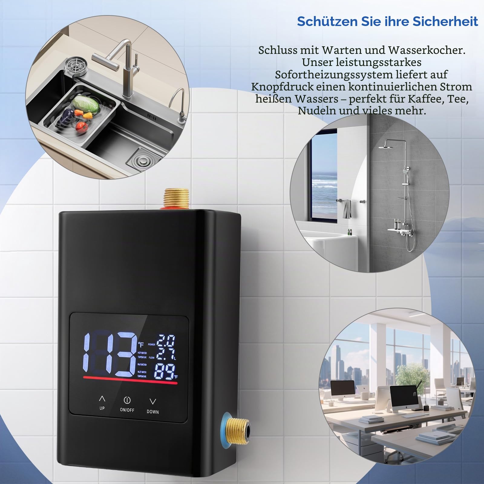 Durchlauferhitzer Küche 6000W 220V, kompakter Durchlauferhitzer klein mit Touch+Remote, LED Display, IPX4 – Mini Durchlauferhitzer für Spüle, Bad & Wohnmobil, Elektrische Warmwasserbereiter sofort hei