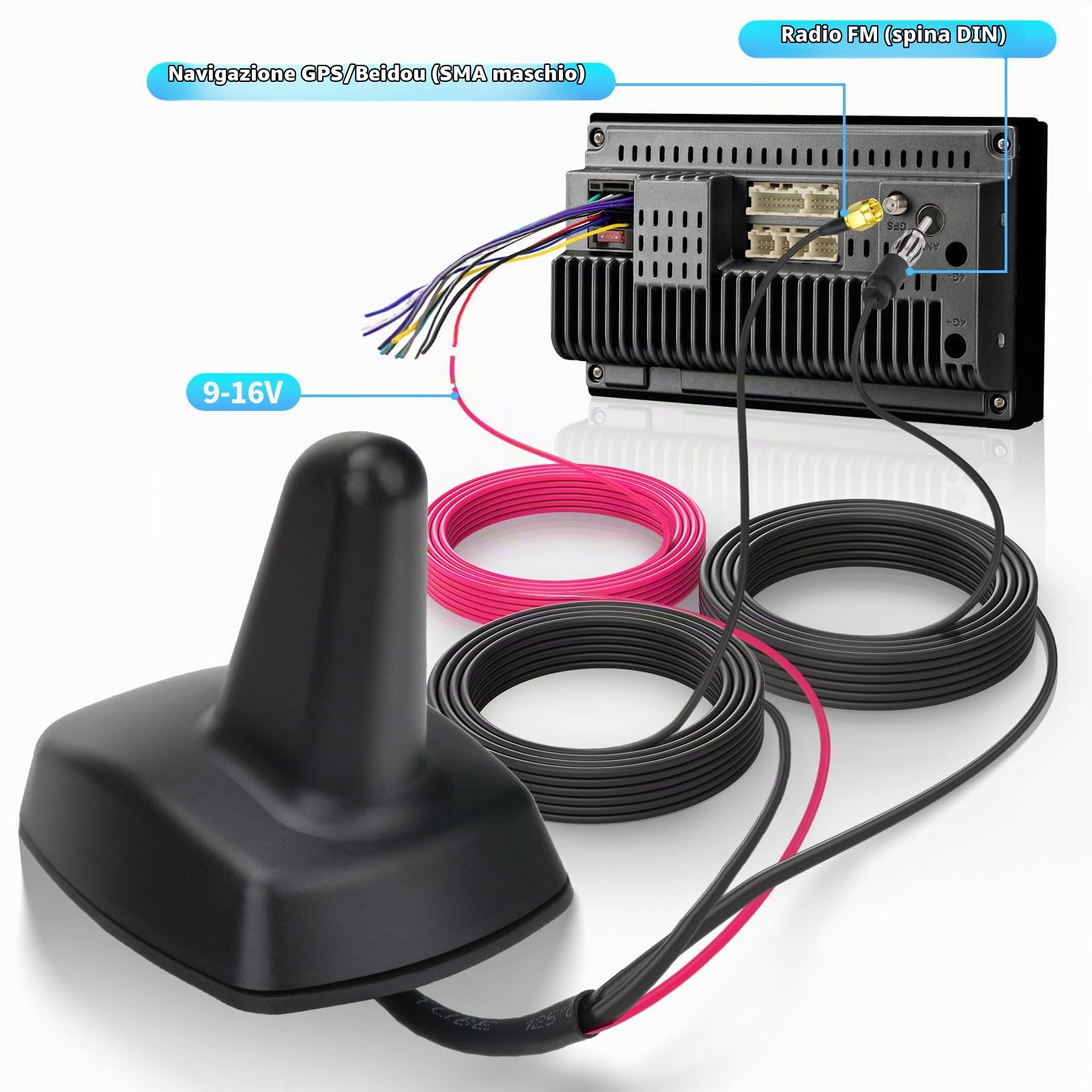 Bingfu Antenna Auto Pinna di Squalo per Autoradio FM/AM & GPS BeiDou GNSS | LNA Alto Guadagno 28dB, Impermeabile IP65, 9-16V CC - Antenna Combinata per Auto Camion Camper SUV, Nero