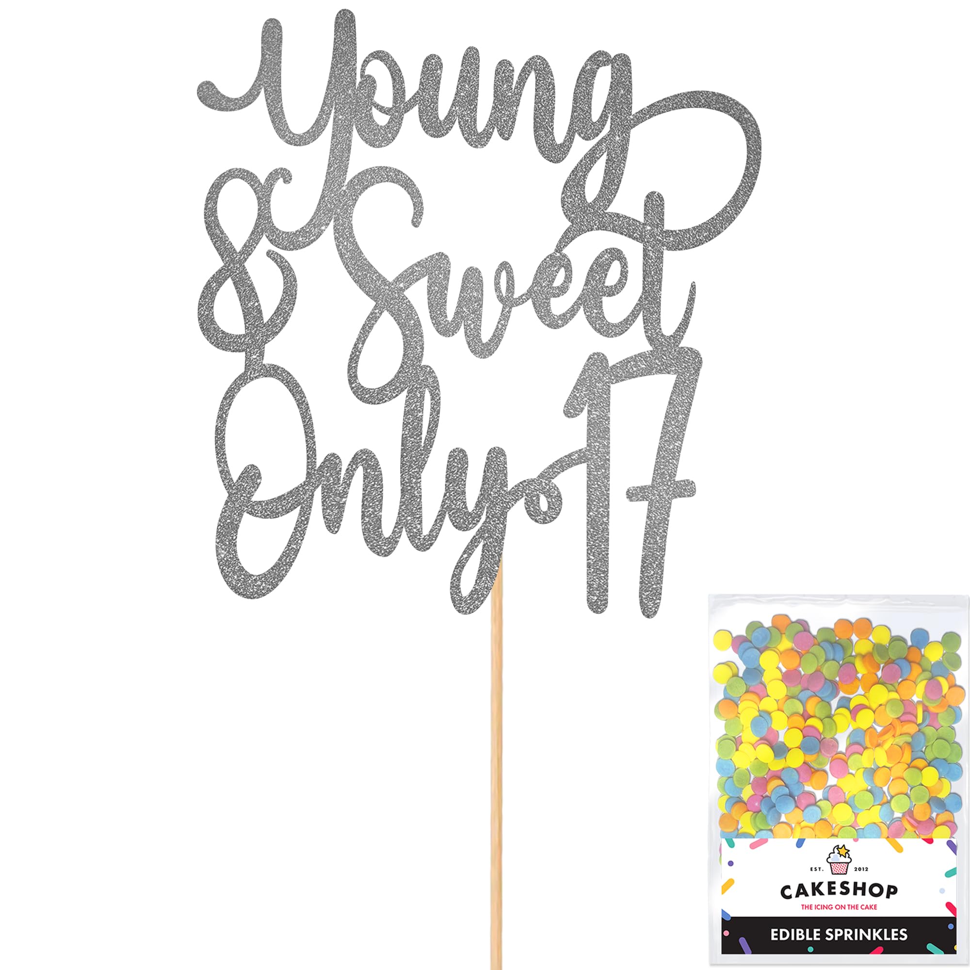Cakeshop Personalised ABBA Themed Glitter Cake Topper With Sprinkles - Dark Silver Custom Colour - Any Age - Double-Sided Glitter Card Cake Decoration - Custom Toppers for Cakes