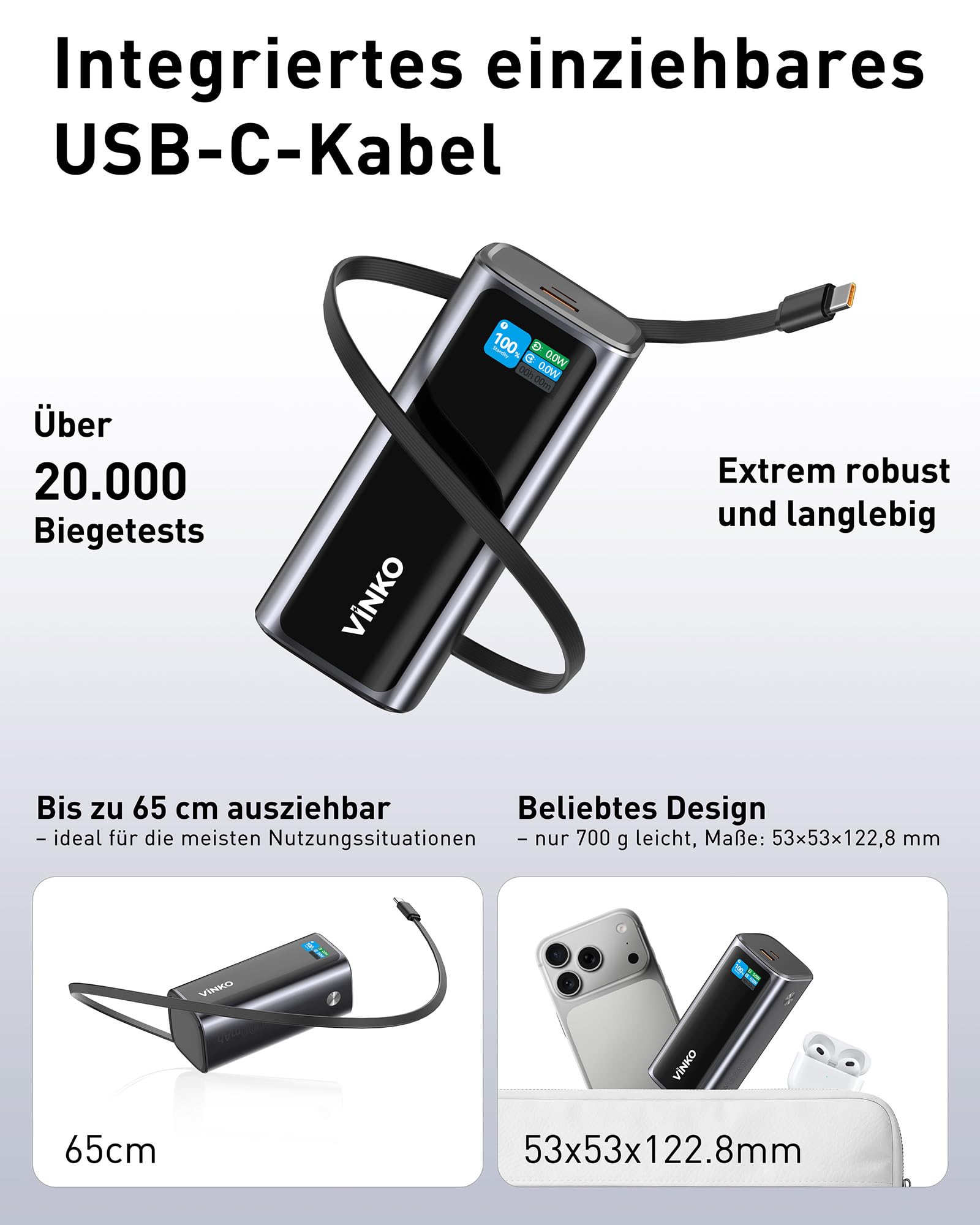 VINKO 20000mAh Powerbank 130W Schnellladung mit integriertem einziehbaren USB-C Kabel, Externer Handyakku kompatibel mit Laptop, iPhone 16/15 Pro Max, Galaxy S24 Ultra, MacBook, Dell