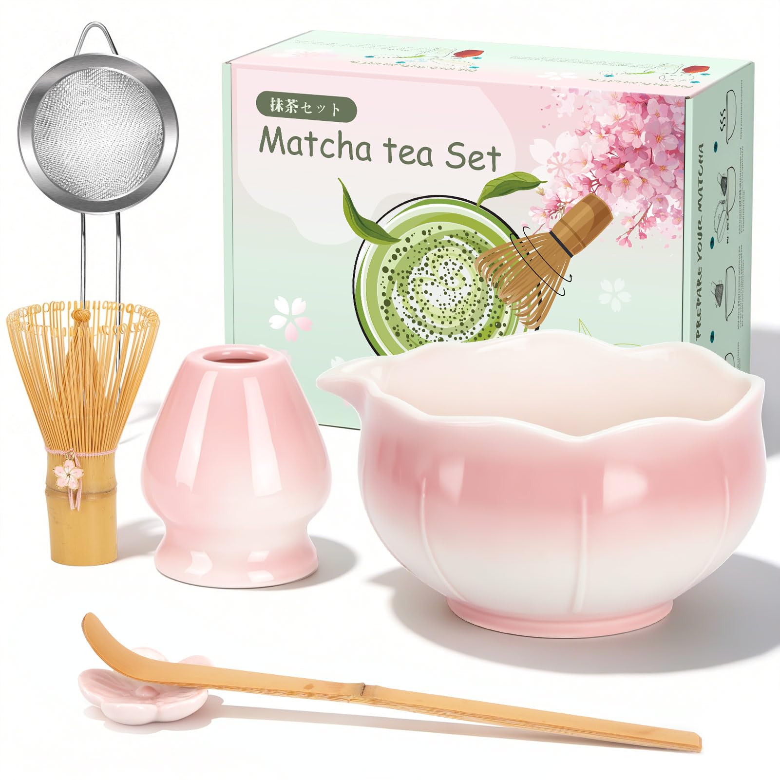 TECHMUR Matcha Besen Set, Matcha Set- Matcha Schale mit Ausgießer, Bambus Matcha Besen, Besenhalter, Sieb, Löffel und Halter, Japanisches Matcha Kit für Matcha-Liebhaber
