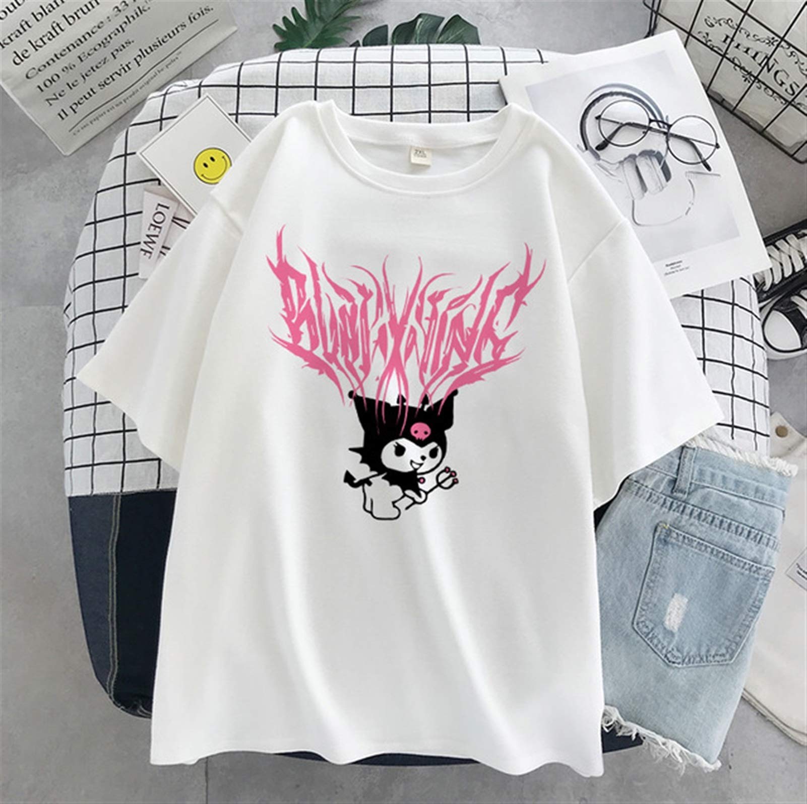 Harajuku cartoon gothic print short sleeve Kuromi T-shirt women tops Summer streetwear O-neck sweet girls tee shirt Kawaii Short Sleeve