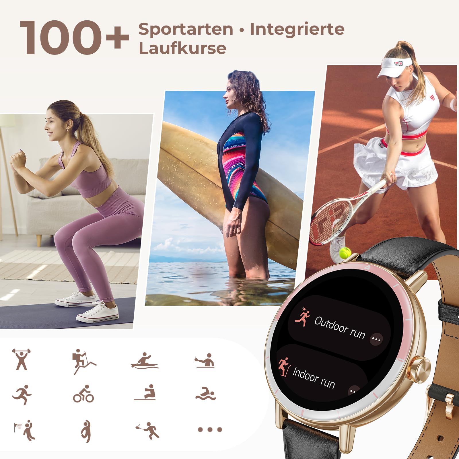 Smartwatch Damen, 1,27 HD Screen Rund Klein Armbanduhr mit Telefonfunktion/Menstruationszyklus/SpO2/Pulsuhr/Schlafmonitor/Schrittzähler/IP68/100+ Sport Fitnessuhr für Android iOS, Gold Schwarz