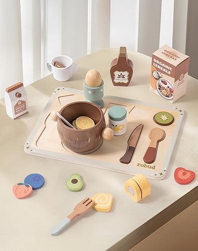 Miniatura 8 de ROBUD Juego de comida de madera de 31 piezas para niños, juguetes de cocina Montessori de avena de coco, platos educativos con accesorios para niños