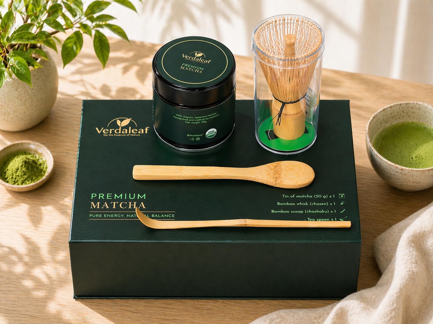 Verdaleaf USDA Organic Matcha Gift Box – 50g Ceremonial Grade Japanese Matcha with Bamboo Whisk & Scoop – Premium Matcha Starter Kit