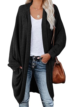 ZoeAce Womens Open Front Knit Cardigan Long Batwing Sleeve Oversized Sweater Chunky Waffle Cable Boho Pockets Coat
