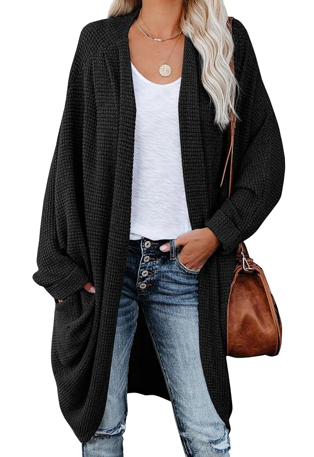 ZoeAce Womens Open Front Knit Cardigan Long Batwing Sleeve Oversized Sweater Chunky Waffle Cable Boho Pockets Coat