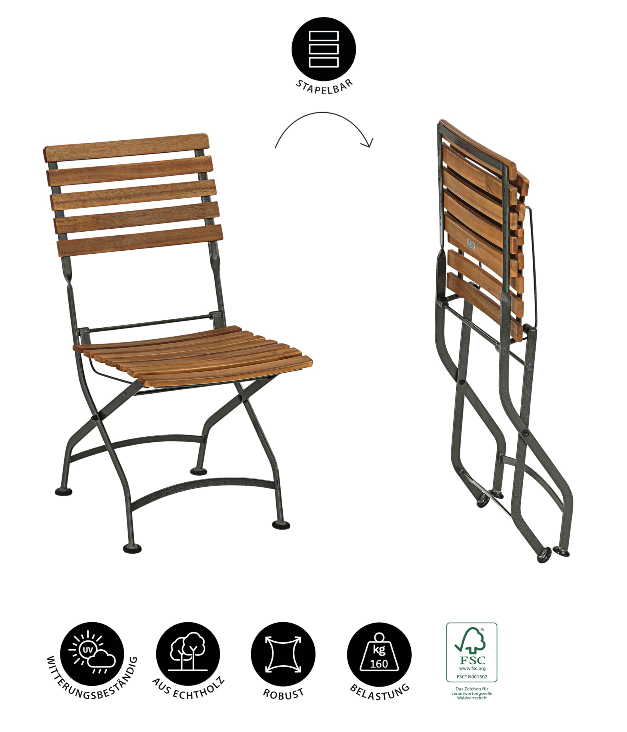 Dehner Klappstuhl Tegernsee, ca. 88 x 57 x 45 cm, aus FSC® - zertifiziertem Akazienholz/Stahl, Natur/schwarz | FSC® Akazienholz/Stahl
