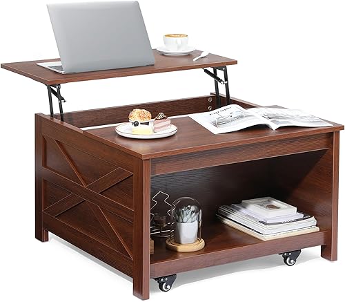 Evajoy Mesa auxiliar elevable, mesa central cuadrada de granja con almacenamiento, mesa de comedor con compartimento oculto, mesa de centro retro