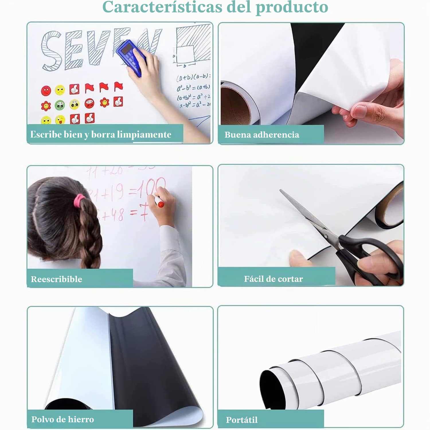 Rollo Pizarra Blanca Magnética, 40x60cm Papel Pizarra Adhesiva Pared, incluye Rotuladores y Borrador Magnetica, Para Escribir en Superficies Lisas en la Escuelas, Oficinas