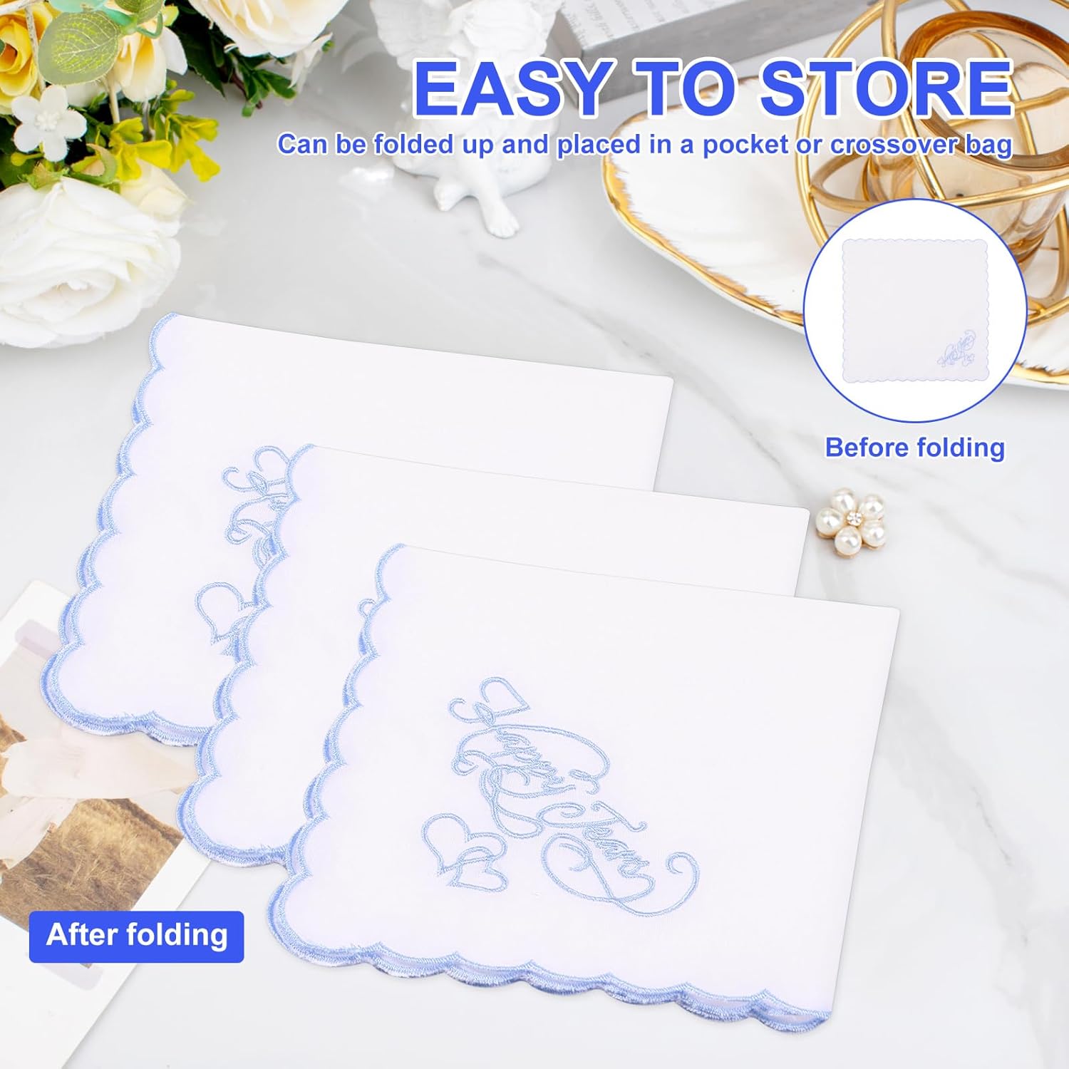 12PCS Wedding Handkerchief Bride 11" x 11" Happy Tears Cotton Mother Father Groom Bride Handkerchiefs with Scallop Lace Edges for Wedding Day - Image 6