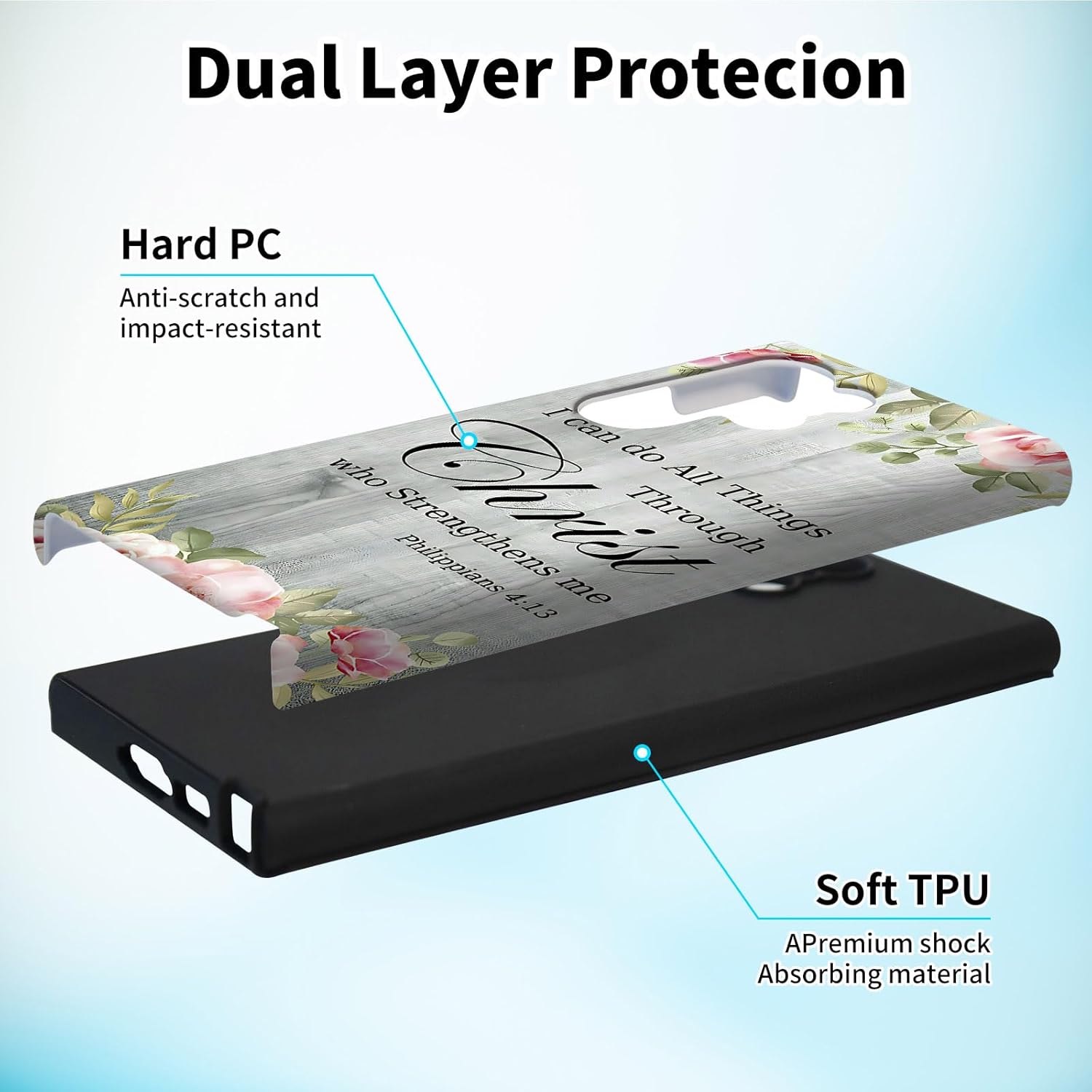 for Samsung Galaxy S25 Ultra 5G Phone Case with Screen Protector Bible Verse Philippians 4-13 Design Women Men Dual Layer Hard PC Shell Soft TPU Silicone Wireless Charging Shockproof Protective Cover - Image 2