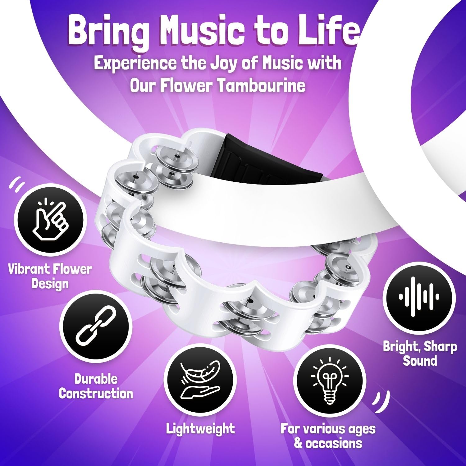 Flexzion Pandereta de flores – Instrumento de percusión de mano de 8 pulgadas con cascabeles de metal y agarre ergonómico – Panderetas pequeñas para adultos, niños, iglesia, fiestas y eventos