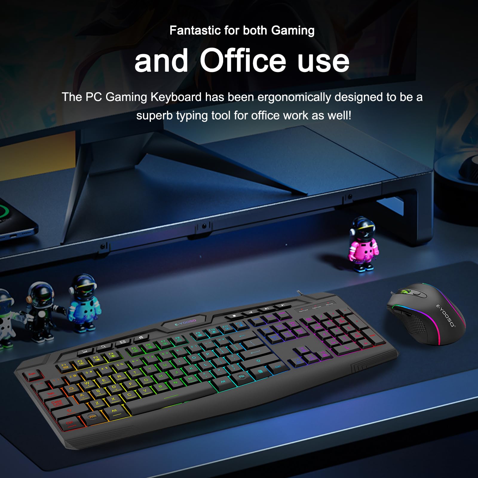 Ensemble Clavier et Souris Gamer Noir - Clavier Filaire 104 Touches RGB avec Rétroéclairage, Souris Ergonomique, Anti-Ghosting (26 Touches) et Wrist Rest - Compatible PC/Windows/Mac (Layout US QWERTY)