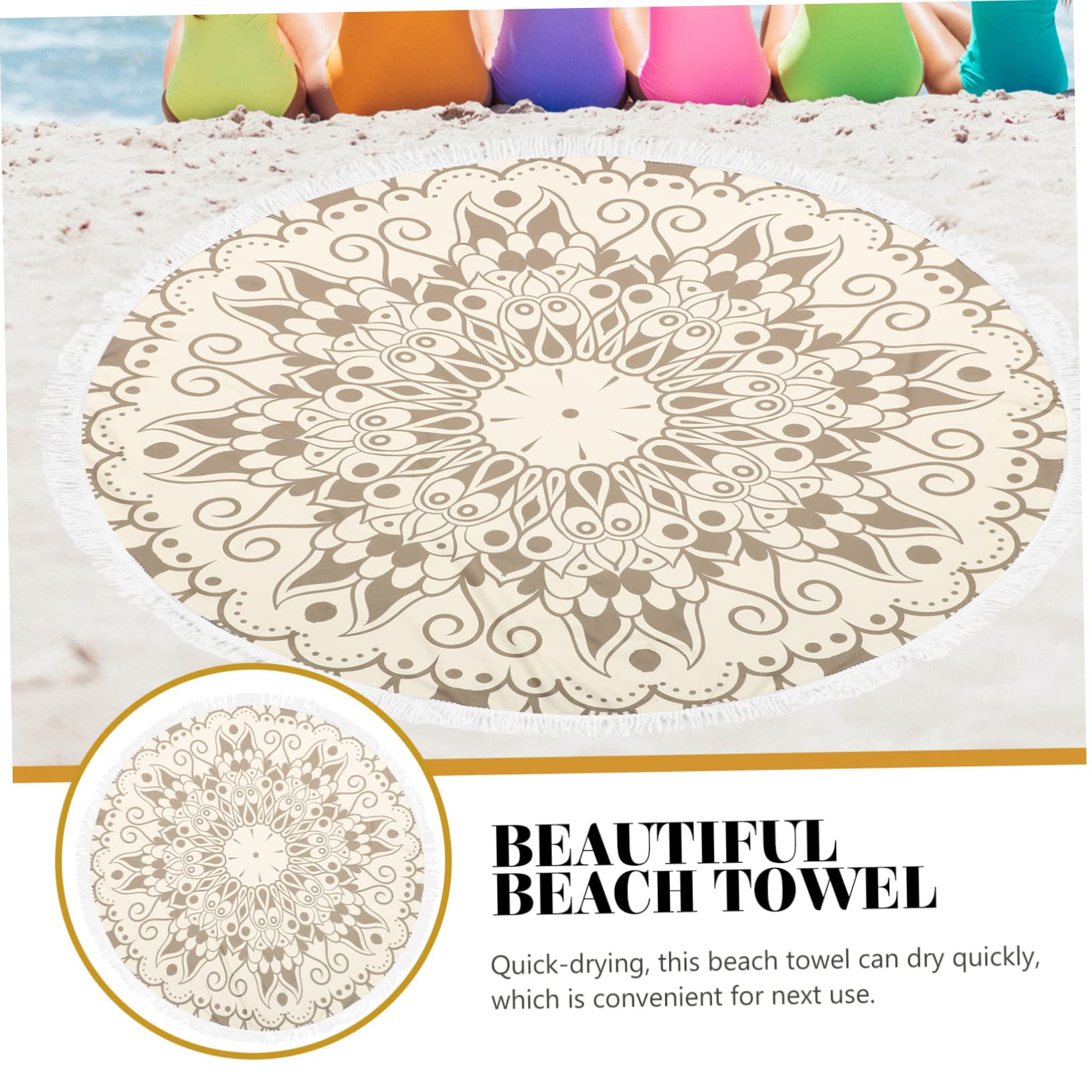 Serviette de Plage Ronde en Tissu Ultra Doux 150cm avec Imprimé Mandala et Franges, Séchage Rapide et Absorption d'eau pour Voyage International