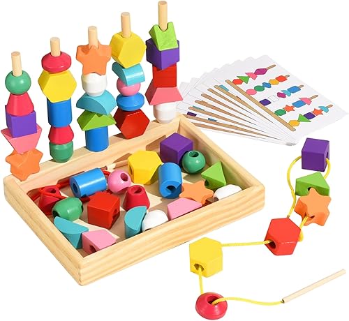 Montessori - Juego de secuenciación de cuentas para niños, juguetes de cuentas de madera para niños pequeños, apilador de forma de color a juego