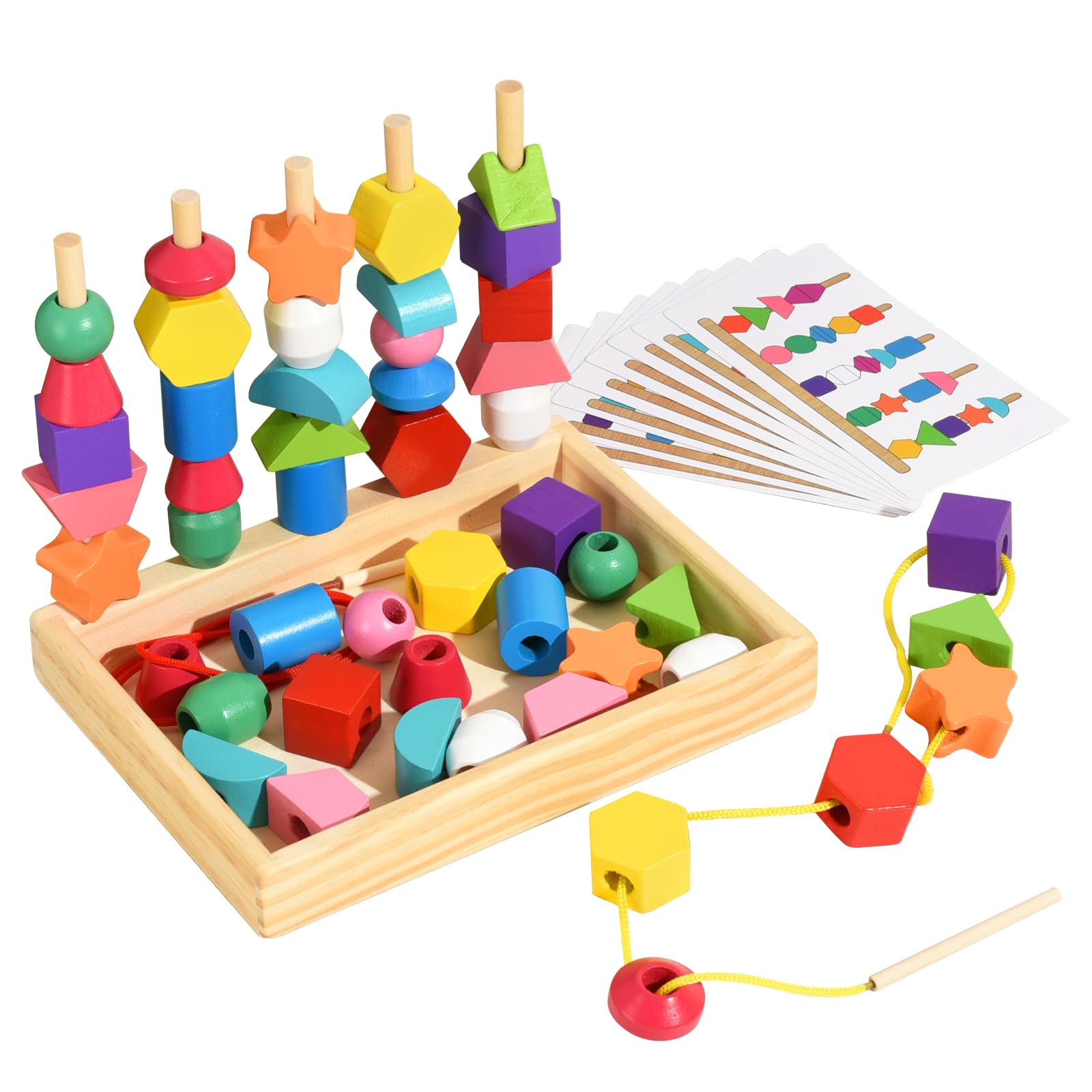 Montessori Bead Sequencing Set for Kids, Wooden Lacing Beads Toys for Toddlers, Matching Color Shape Stacker for 2 3 4 5 Years Old, Preschool Learning Educational Toys Gifts