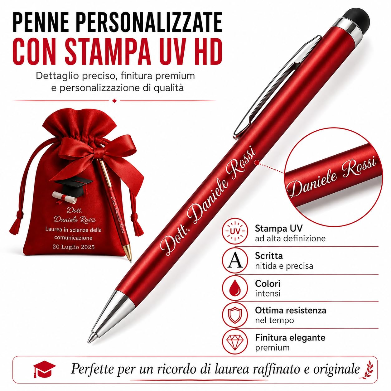 Cormar Kit Bomboniere Laurea Personalizzate, Rosso, 12 Sacchetti in Raso con 12 Penne Personalizzate, Nome, Facoltà e Data (STILE 3)