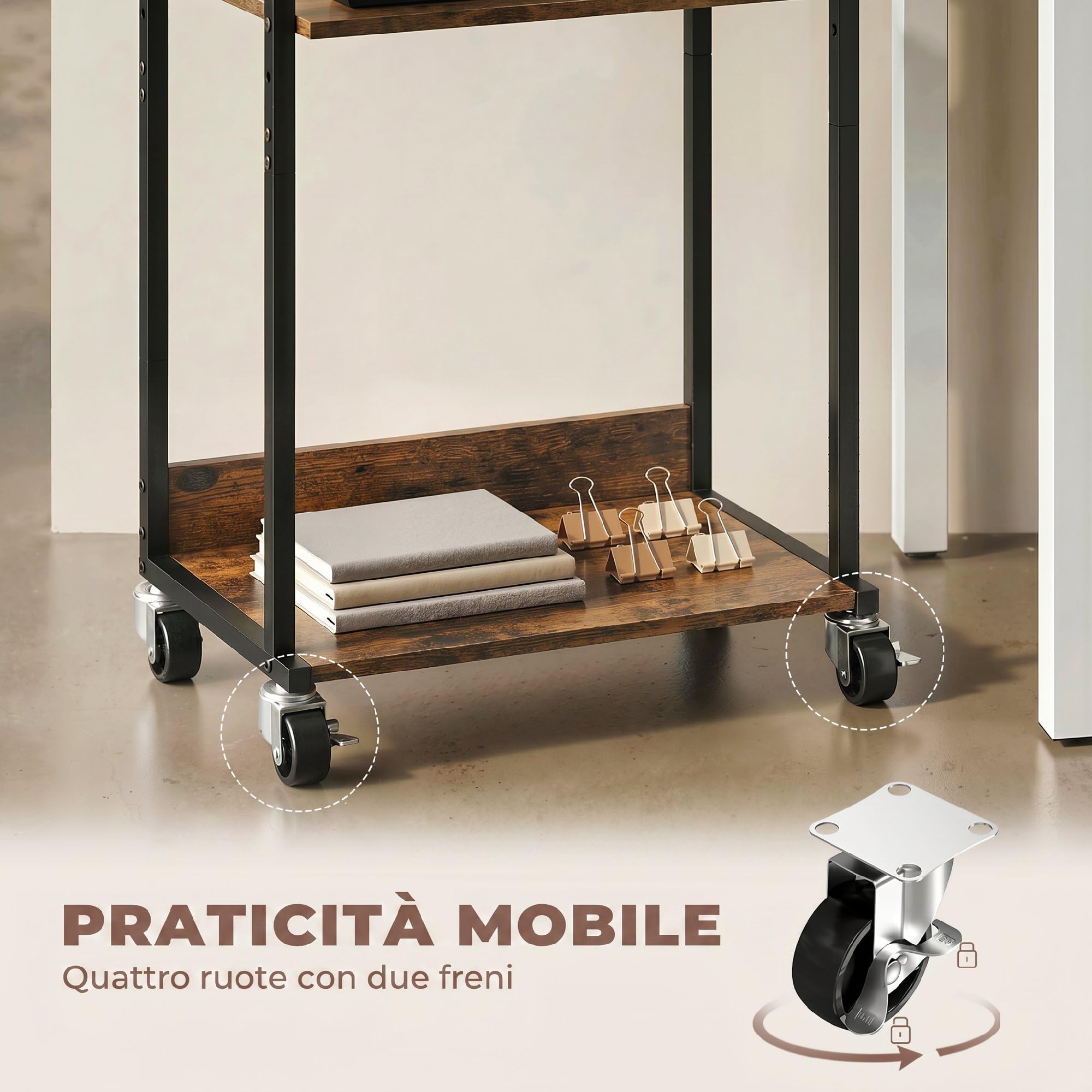 HOMCOM Carrello Porta Stampante a 3 Livelli, Supporto Stampante con Ruote con Freno e 6 Ganci, Salvaspazio in Metallo e Legno, per Casa, Studio, Ufficio, Industriale, 43x30x82cm, Marrone Rustico