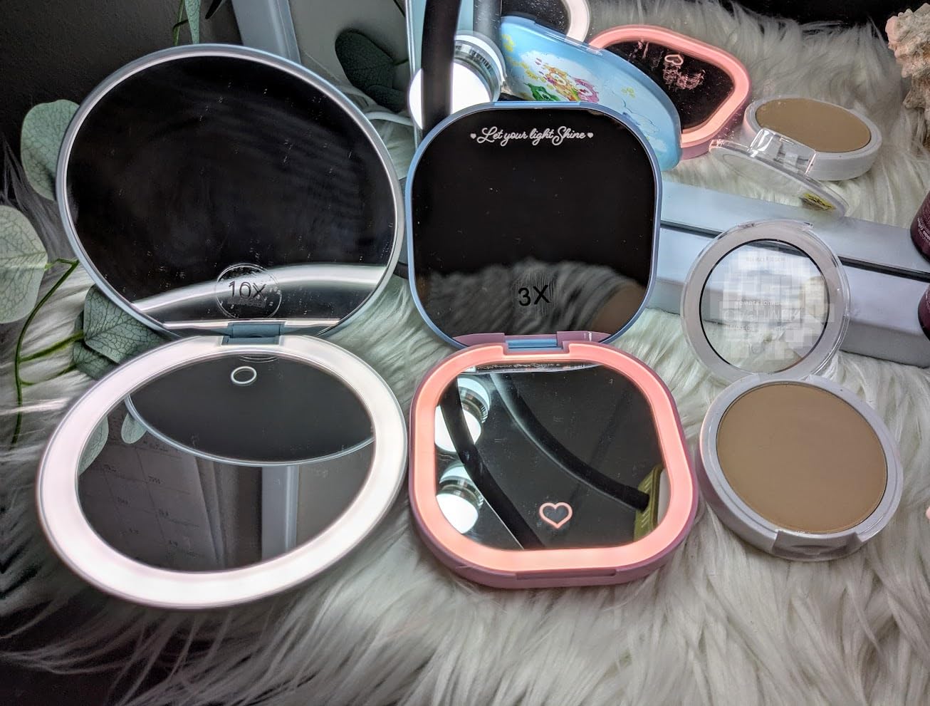 IMPRESSIONS VANITY · COMPANY Impressions Vanity Care Bears LED Compact Mirror for Purse, Lighted Travel Makeup Mirror with 3X Magnification, Auto Shut Off Daylight LED Lighting, Adjustable Brightness and Touch Sensor (Blue/Pink)