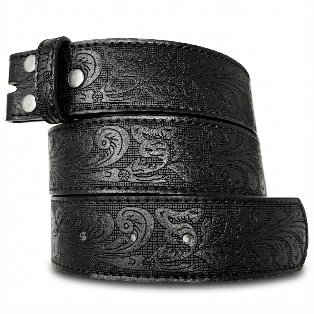 BC Belts Western Leather Belt Strap - 1.5” Wide with Embossed Scrollwork Without Buckle for Men & Women, Cowboy/Cowgirl Style