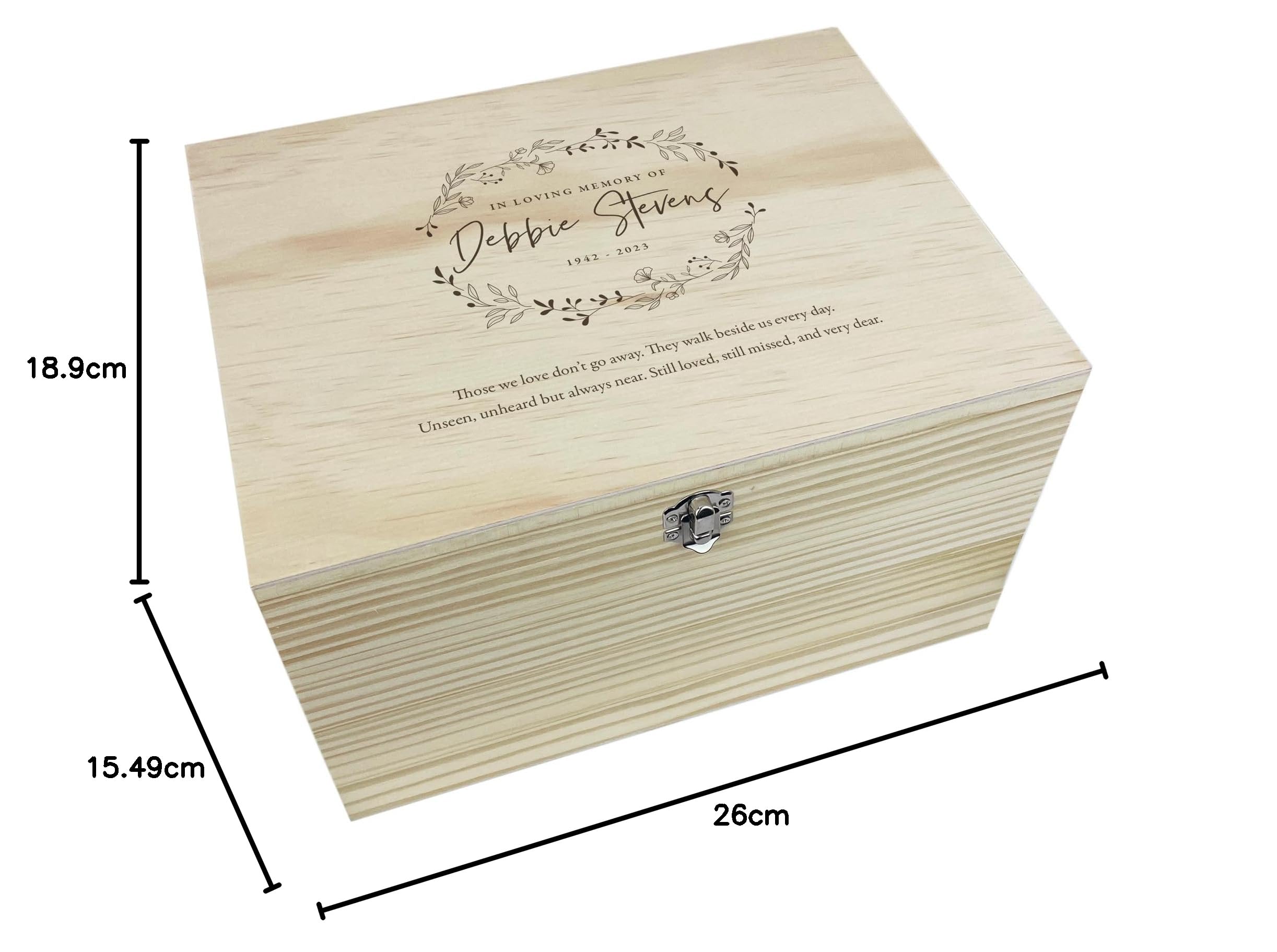 Caja de recuerdos de madera personalizada para corona conmemorativa | Regalo personalizable de recuerdo de duelo | Caja de madera con bisagras de metal y cierre | Nombre personalizado, fecha y