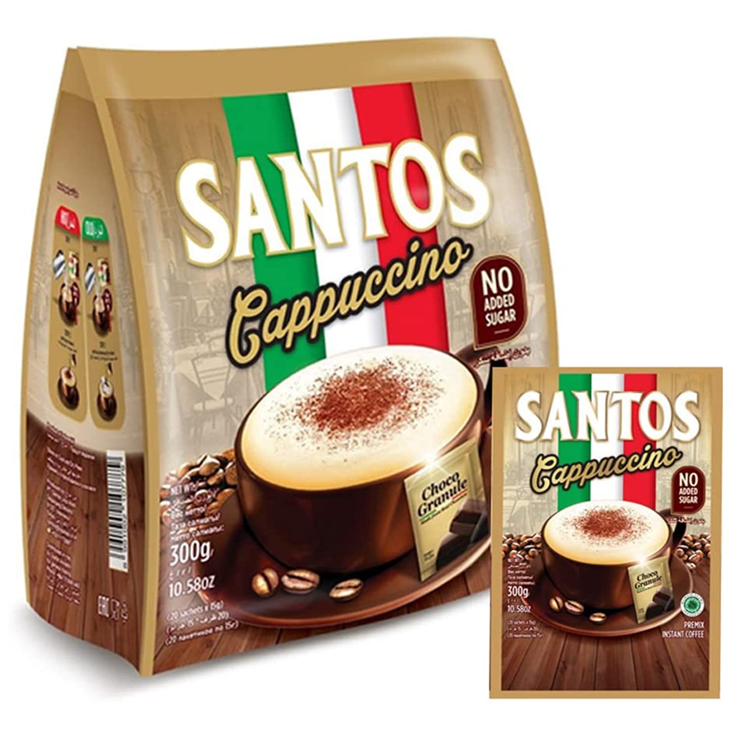 Santos Cappuccino - No Added Sugar - 20 sachets @15g - Premix Instant Coffee - with Choco Granule
