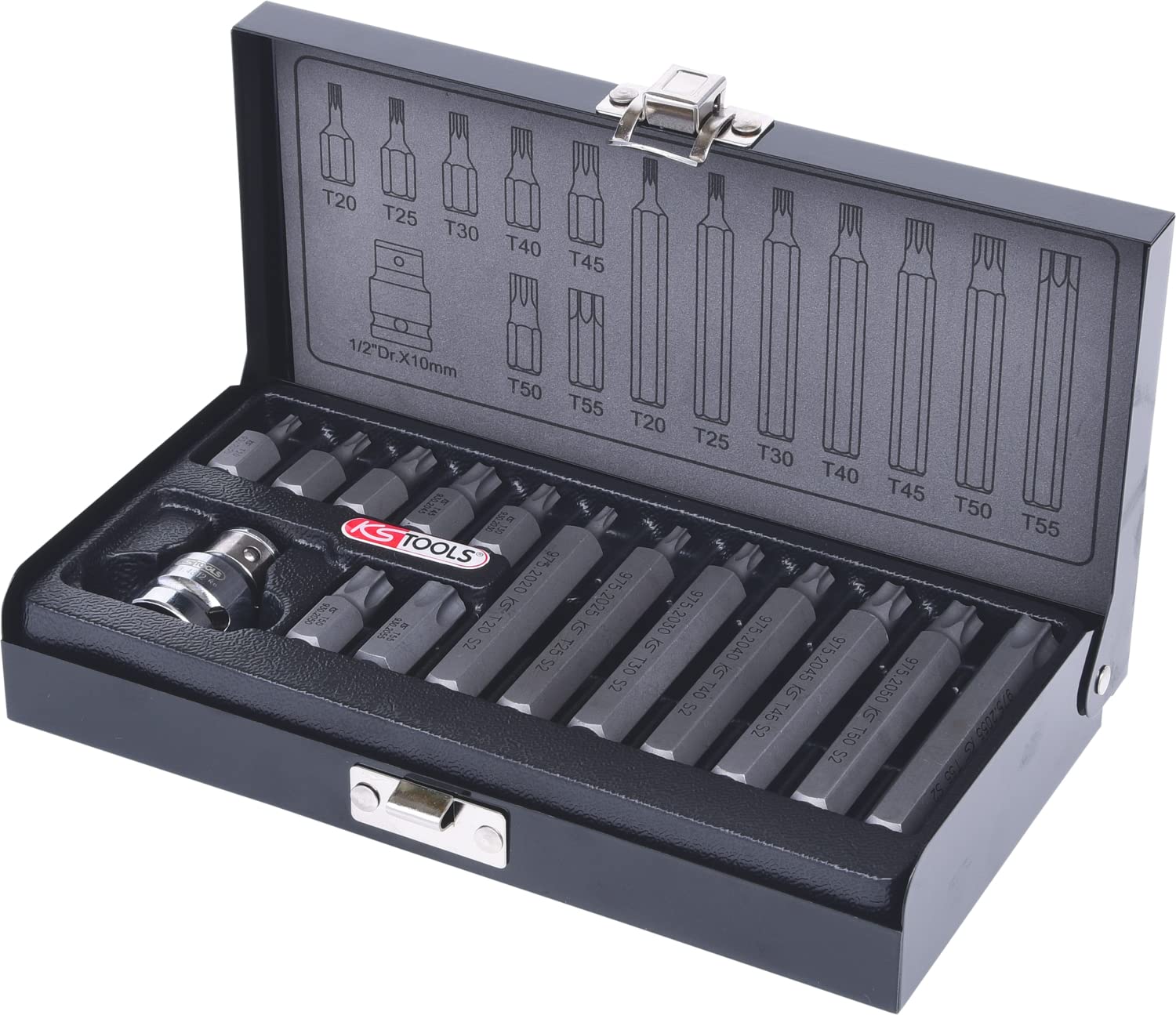 KS Tools 911.5020 Coffret de 15 Embout de vissages TORX 1/2'', T20 à T55 | Coffret de 15 embouts de vissage TORX® 1/2'', T20 à T55, outillage professionnel, chrome vanadium