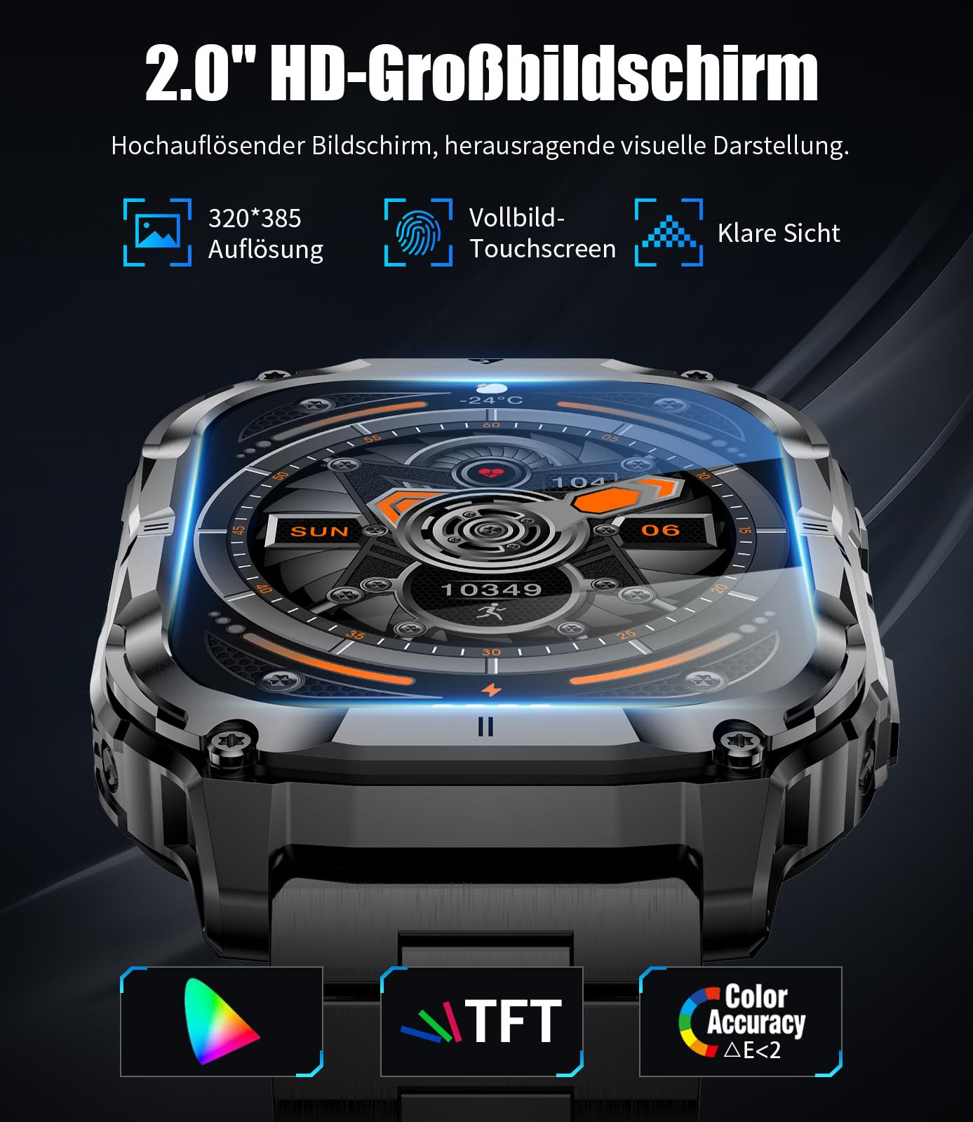 LIGE Militär Smartwatch Herren mit 1000mAh Akku/Telefonfunktion, 2.0" HD Touchscreen Fitnessuhr mit Herzfrequenz/Schlafmonitor/200+ Sportmodi, IP68 Wasserdicht Sportuhr für Android iOS, 3 Armbändern