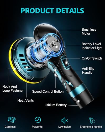 Miniatura 5 de Kit de pulidor inalámbrico para automóvil, máquina de cera pulidora aleatoria de doble acción de 6 pulgadas para detalles de automóviles, 2 baterías