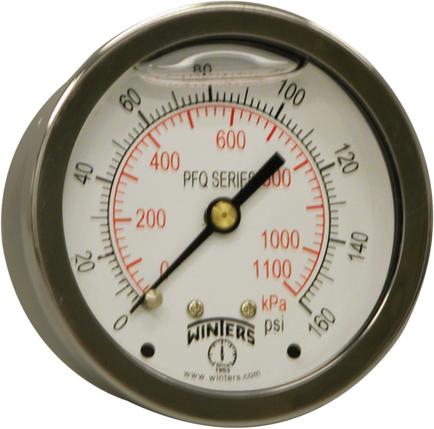 Winters 2-1/2" Dial Size, Liquid Filled Industrial Pressure Gauge, Brass Internals, 304 Stainless Steel Case, Dual Scale 0-160 psi/kPa, 1.5% Acc, 1/4" NPT Back Mount, Glycerin Filled Pressure Gauge