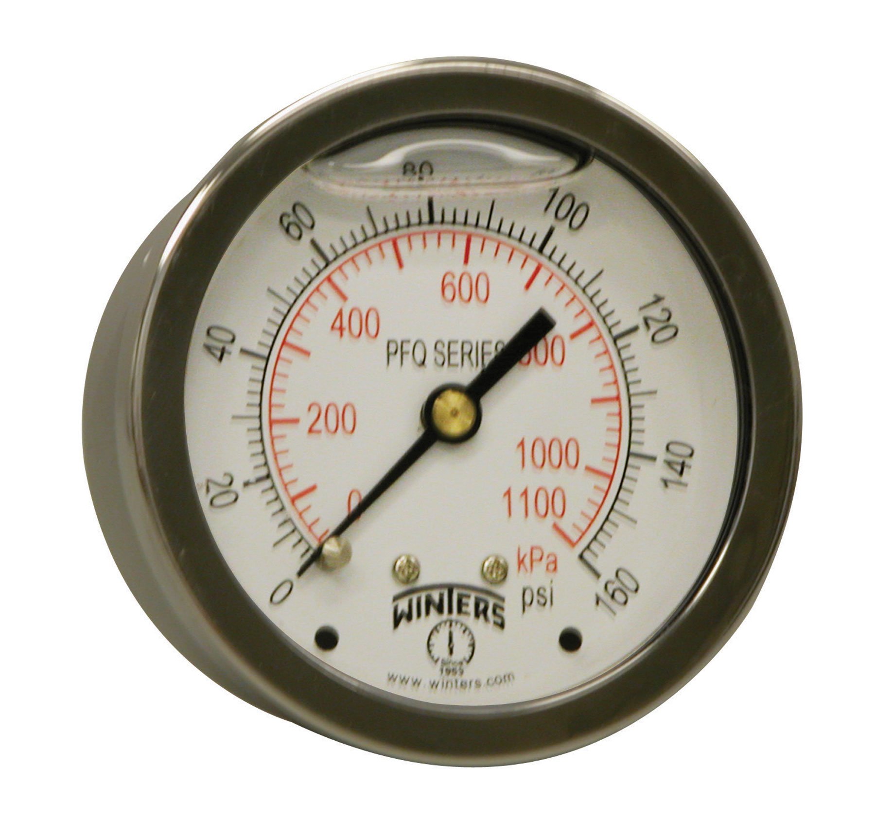 Winters 2-1/2" Dial Size, Liquid Filled Industrial Pressure Gauge, Brass Internals, 304 Stainless Steel Case, Dual Scale 0-160 psi/kPa, 1.5% Acc, 1/4" NPT Back Mount, Glycerin Filled Pressure Gauge