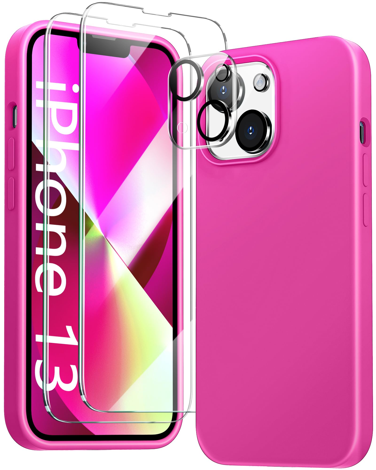 JTWIE [5 in 1 for iPhone 13 Case 6.1 inch, with 2 Pack Screen Protector + 2 Pack Camera Lens Protector, Liquid Silicone Slim Shockproof Protective