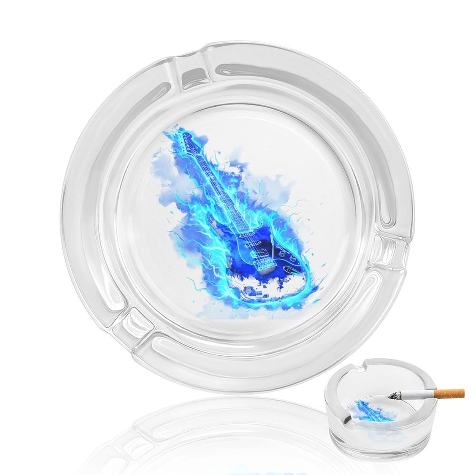 Music Blue Electric Guitar Ashtray Portable Round Glass Outdoor Ash Tray for Home Office Garden Pub
