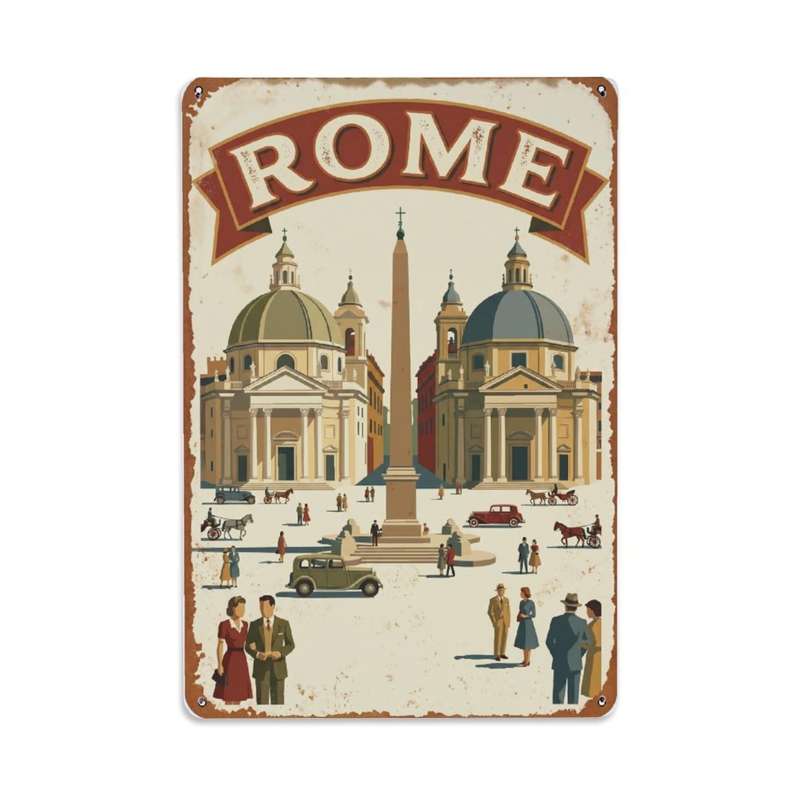 Vintage Travel Rome Piazza Del Popolo Twin Churches Rusted Italy Metal Tin Sign Plaque Wall Decor for Cafe, Club Bar, Office, Home Garden Metal Poster 8x12Inch