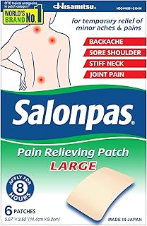 Salonpas Parche para aliviar el dolor, grande, 6 unidades, para espalda, cuello, hombros, dolor de rodilla y dolor muscular, alivio del dolor de 8 horas