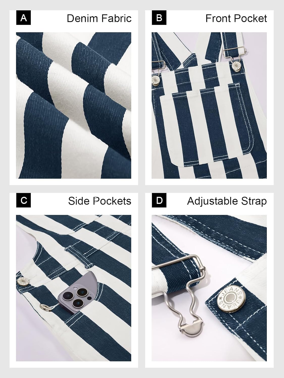 Cicy Bell Womens Casual Striped Bib Overalls Adjustable Straps Straight Leg Jumpsuits Denim Jean Long Rompers Pants - Image 6