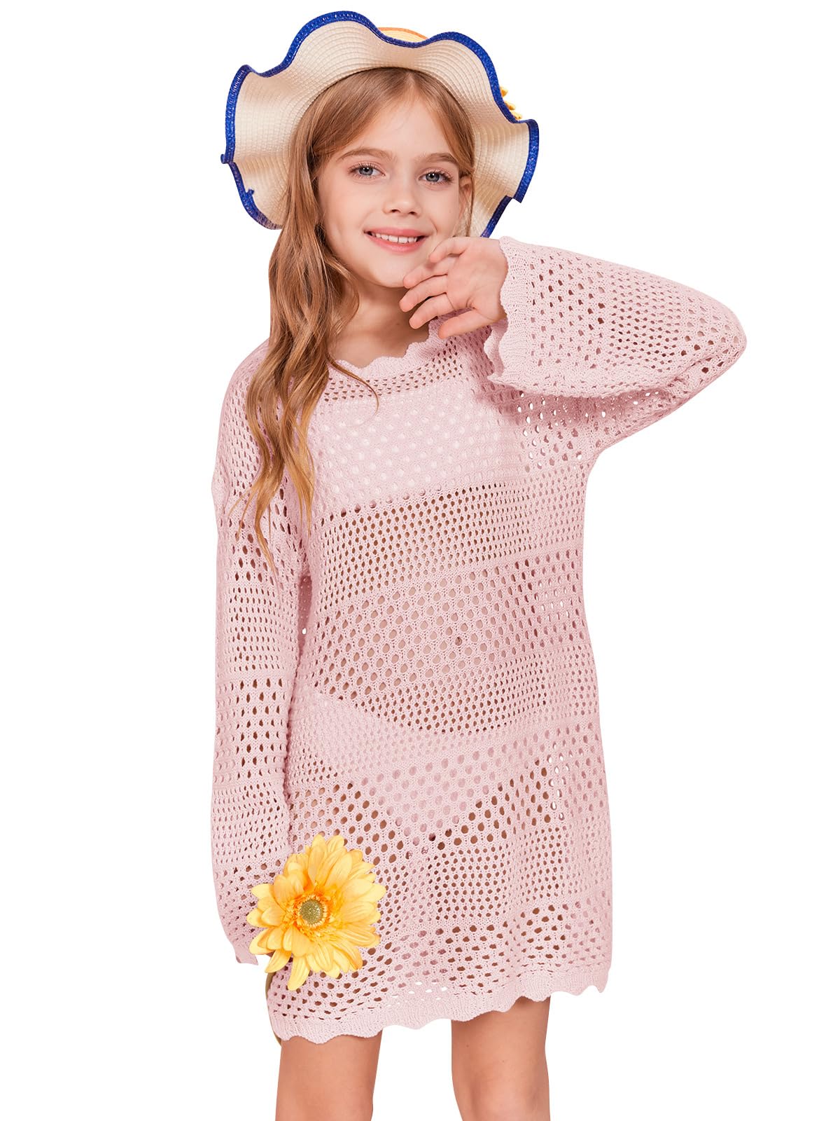 Batermoon Girls Crochet Long Sleeve Swimsuit Cover Up Kids Fashion Hollow Out Swimwear Beach Dress 5-14 Years