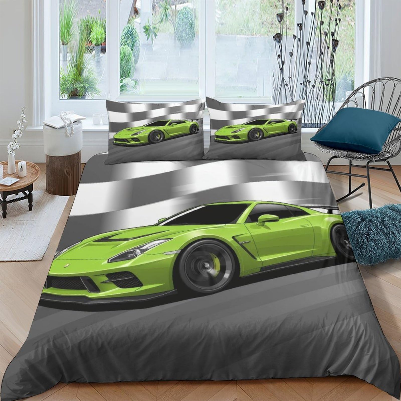 Ctjqhvkz Style-8 3D Printed Green Sports Car Fitted Sheet Microfiber Soft Breathable Racing Track Bed Cover For Bedroom Decor Single（135X200cm）
