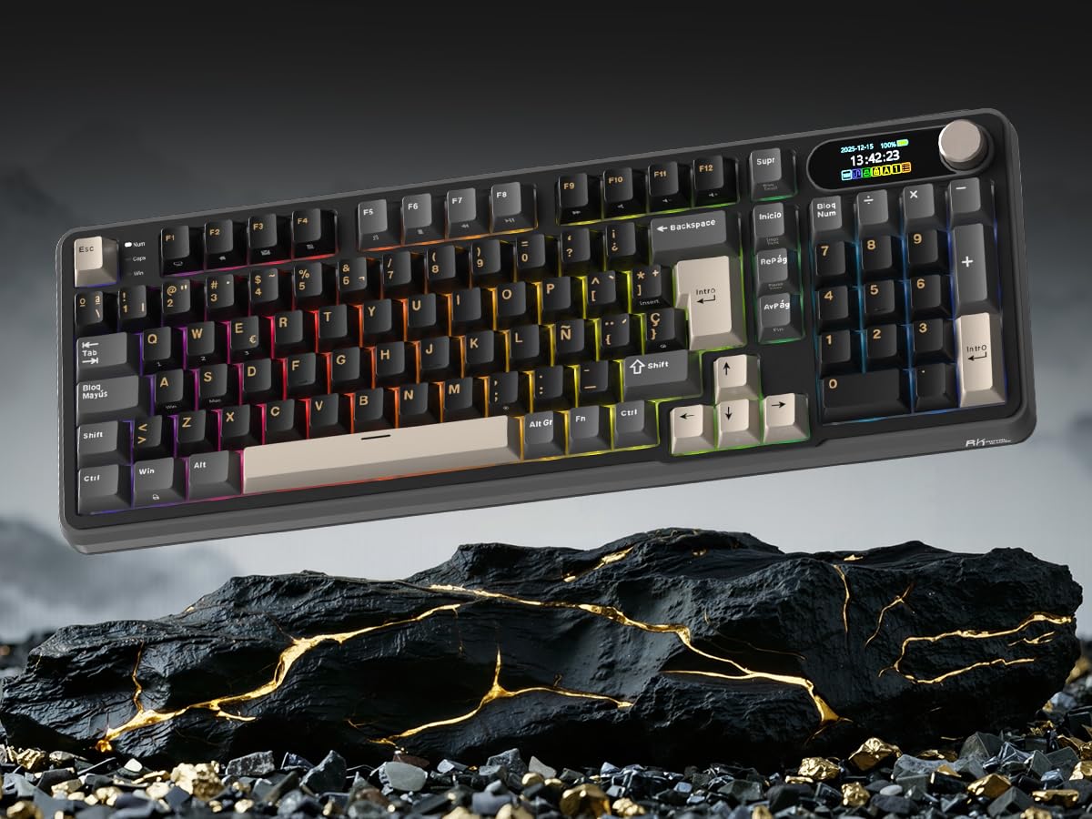 RK ROYAL KLUDGE S98 ES Teclado Mecánico con Smart Display y Botón, Montaje Superior 96% Teclado Mecánico Inalámbrico BT/2.4G/USB-C, Hot-Swappable, Soporte de Software, 98 Teclas, QWERTY Español