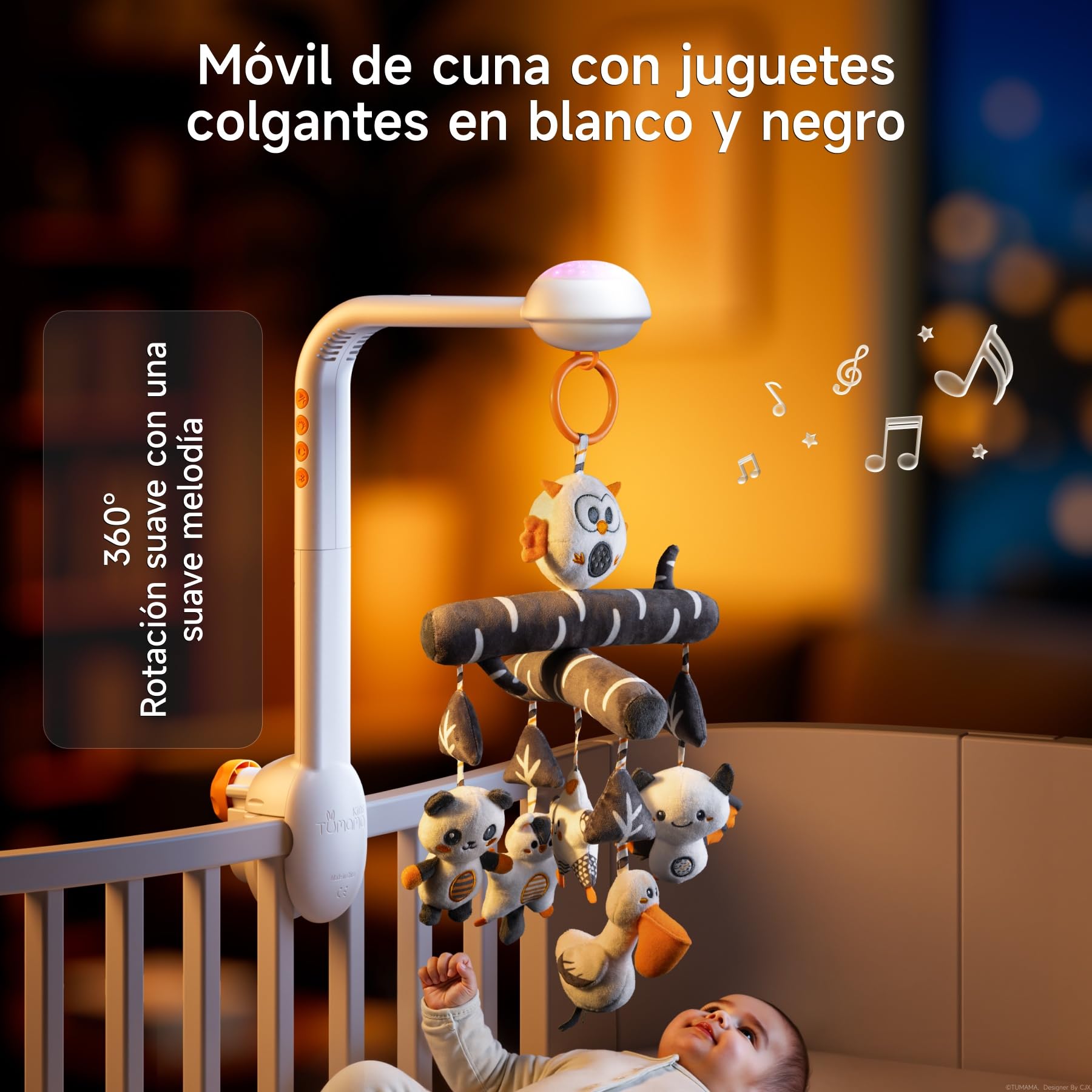 TUMAMA Movil Cuna Bebe, Juguete de Cuna moviles bebes, 3 en 1 con Desmontable Colgante, Luz Nocturna de Proyección, Música y Ruido Blanco, Juguetes sensoriales de Kinderwagen para 0 2 3 6 Meses