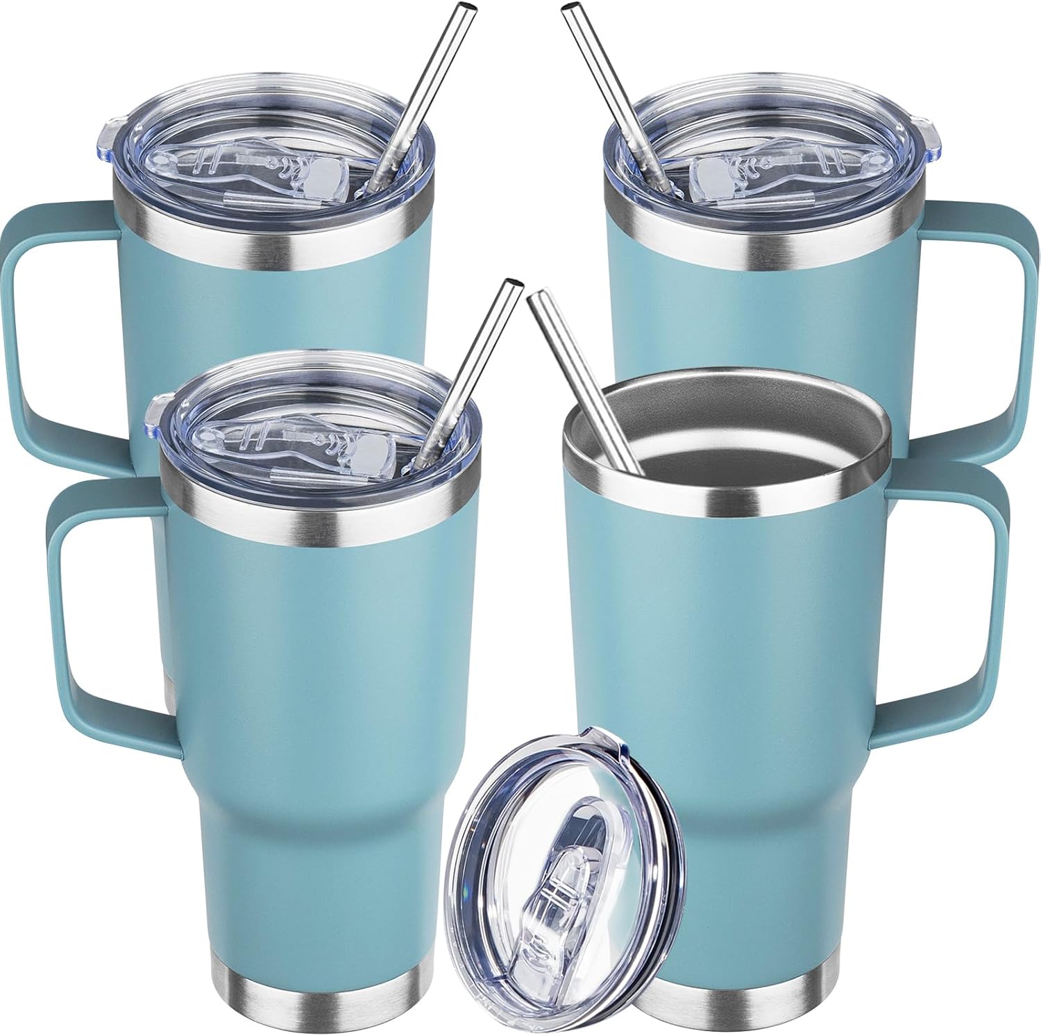 20 oz Tumbler with Handle Stainless Steel Insulated Coffee Mug Tumbler with Lid and Straw Double Wall Vacuum Insulated Coffee Mug Leak Proof Travel Tumbler for Hot and Cold Drink(Azure Blue,4pack)